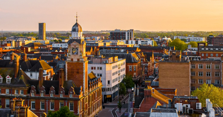 Leicester city centre skyline and historic architecture