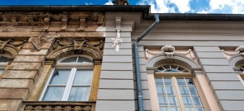 front of building in Germany with old and reconstructed part