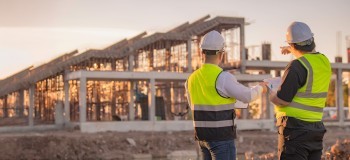 Two Asian engineer working at site of a large building project,Thailand people,Work overtime at construction site,Team of engineer discus at site