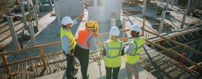Engineers and Architect Discuss Plans Next to Surveyor   resized