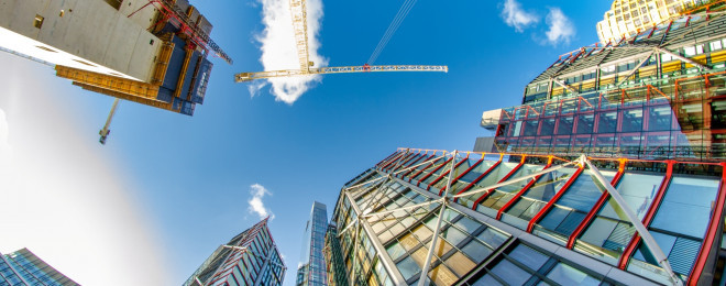 Upwards shot of skyscrapers and cranes   London