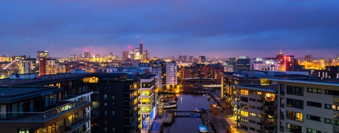 Leeds Dock lit up at night