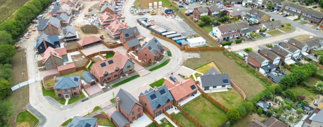Aerial view of a newly completed British housing development