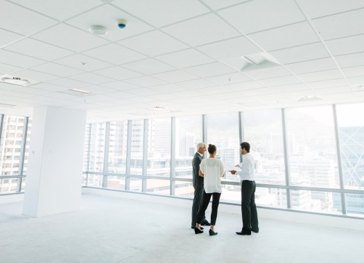 Real estate agent with potential clients inside an empty office
