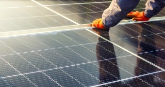 Close up of solar cell, installing solar cell farm power plant eco technology  Solar cell panels in a photovoltaic power plant