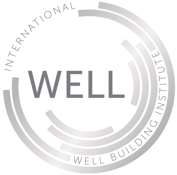 5 silver concentric circles surround the acronym "WELL", with the words "International WELL Building Institute"