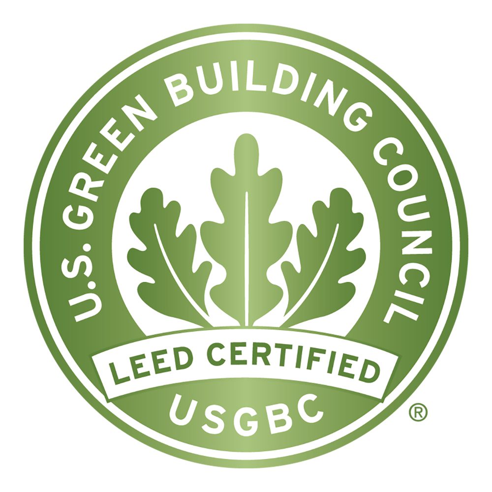 A green badge, with the US Green Building Council logo in the centre, and LEED CERTIFIED branded across the badge